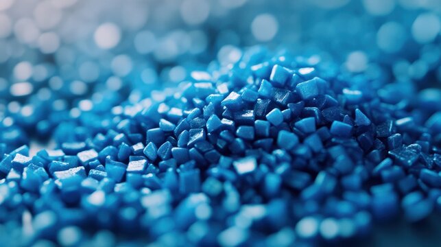 Blue plastic polypropylene granules on a table,