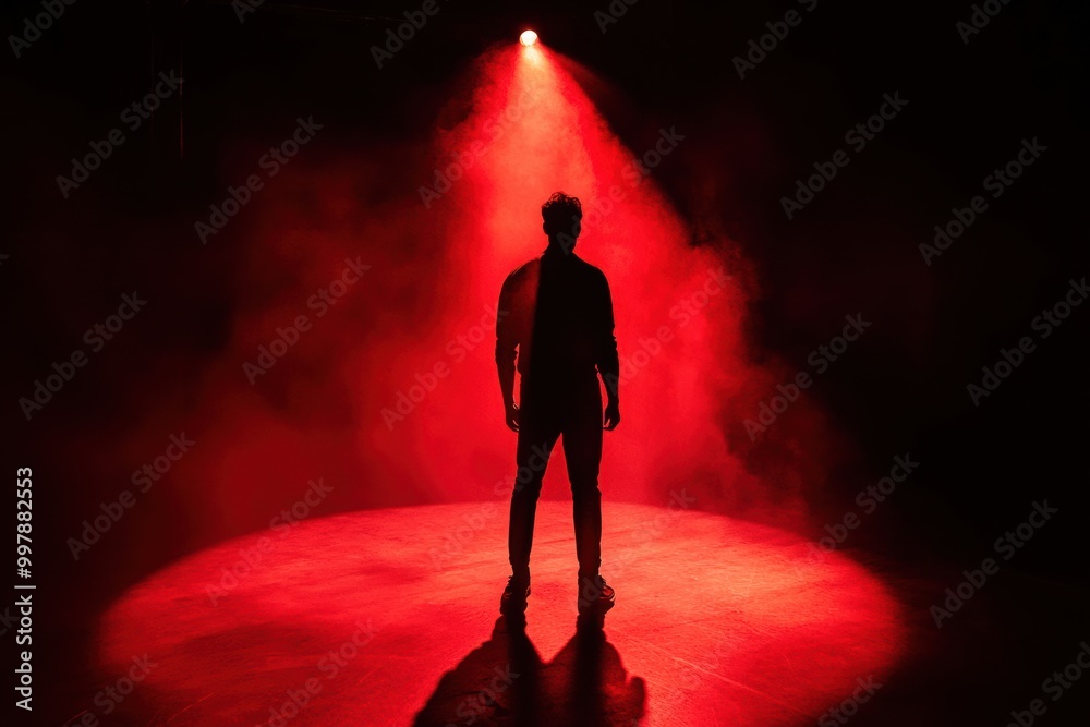 Aufkleber A mysterious and shadowy figure is highlighted by a single spotlight, creating a suspenseful atmosphere filled with deep red and black hues. Generative AI