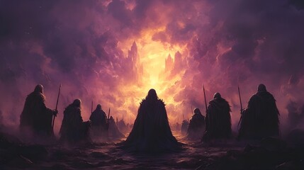 Naklejka premium A circle of knights kneeling before their queen, pledging loyalty in a mystical realm