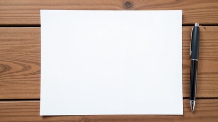 A blank white paper and pen on a wooden desk, perfect for presentations, writing, or stationary-themed projects.