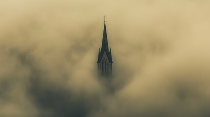 Church Steeple Emerging From Foggy Sky