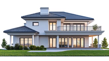 Obraz premium Modern White House with a Black Roof and a Balcony