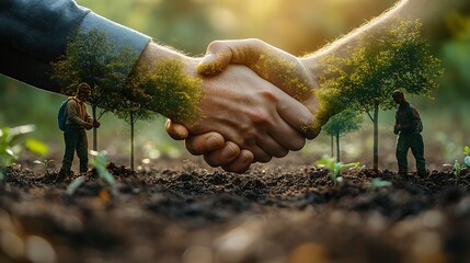 A double exposure graphic of a business handshake, overlaid with environmentalists planting trees, with saplings and soil in the background. Warm daylight, earthy tones, hd quality, clean composition,