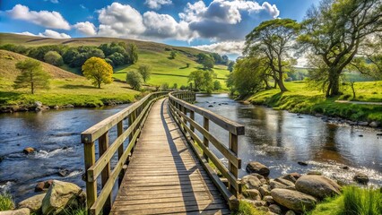 Fototapeta premium Eye level landscape of footbridge alongside River Wharfe on The Dales Way walk
