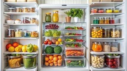 Neatly categorized shelves and crispers in a clean, modern refrigerator showcase labeled containers, fresh fruits, and healthy groceries in an effortlessly organized kitchen space.