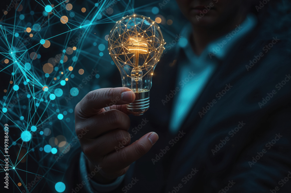 Aufkleber businessman holding illuminated light bulb with network connection concept of innovation and creativ