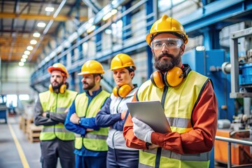 Two men in orange vests are looking at a tablet