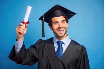 A triumphant university graduate proudly holds their diploma certificate in a mortar hat, set against a bright blue background with ample copy space for text or graphics.