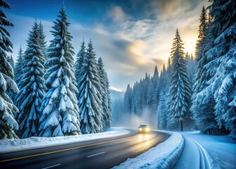 Snow-covered evergreen trees blur by as the vehicle speeds down a winding winter road, frosty mist rising from the asphalt on a cold, serene forest morning.