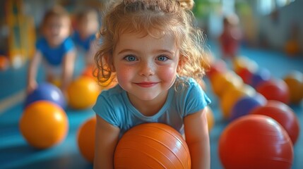 A cheerful child playing with colorful balls in a gym setting.