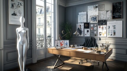 Home office designed for a fashion editor, featuring a chic desk, mood boards, and a stylish mannequin Elegant and trendy