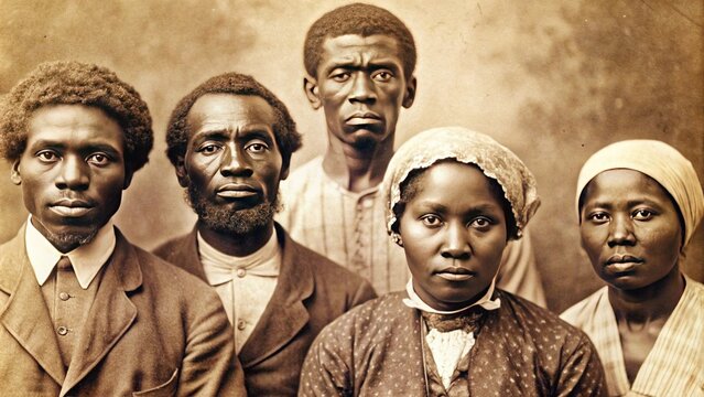 A worn, faded photograph from the 19th century depicts African Americans during the era of slavery, conveying the devastating reality of racial injustice and oppression.