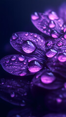beautiful elegant purple color flowers and waterdrops on purple color background, dark theme, wallpaper design,