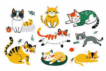 Colorful Assortment of Playful Cartoon Cats Illustration Set