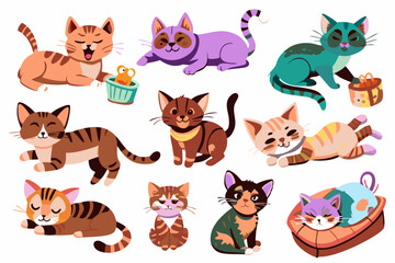 Colorful Cartoon Cats Collection in Various Poses and Expressions