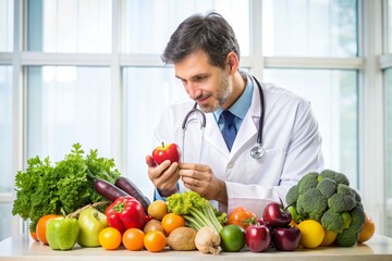 Fototapeta premium A doctor is writing on a tablet while surrounded by various fruits