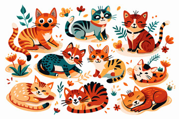 Fototapeta premium Whimsical Collection of Colorful Illustrated Cats Surrounded by Foliage