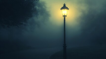 A Single Street Lamp Illuminates a Foggy Night