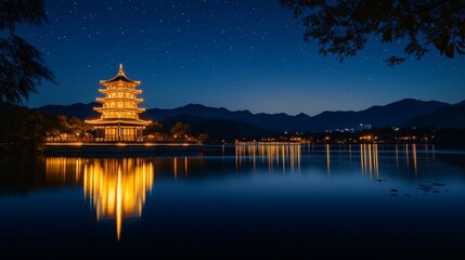 Fototapeta premium Serene Night Landscape with Illuminated Pagoda and Starry Sky