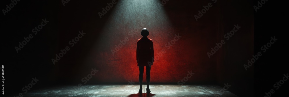 Poster in a darkened space, a lone figure is highlighted by a bright spotlight, surrounded by deep shadow a