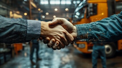 A double exposure graphic of a business handshake, overlaid with mechanics repairing trucks in a garage, with industrial tools and vehicle lifts in the background. Bold lighting, strong contrasts,