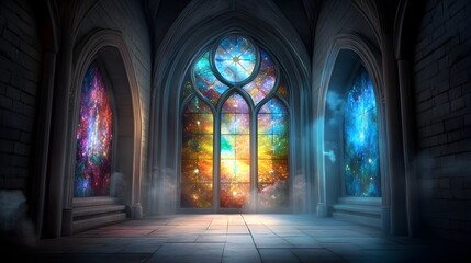 Fototapeta premium Radiant Stained Glass Cathedral Windows Bathing in Sacred Glow and Vibrant Colors