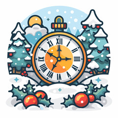 Vector illustration with a cartoon Christmas clock. Merry Christmas and Happy New Year greeting card.