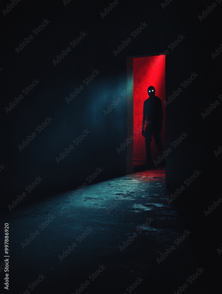 Poster a shadowy figure is illuminated by a spotlight in a dark room, casting an ominous presence with deep