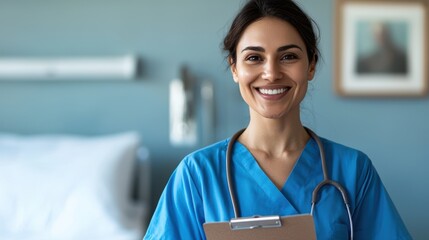 Compassionate Nurse in Blue Scrubs with Clipboard by Empty Hospital Bed - Approachable and Competent Healthcare Professional Concept