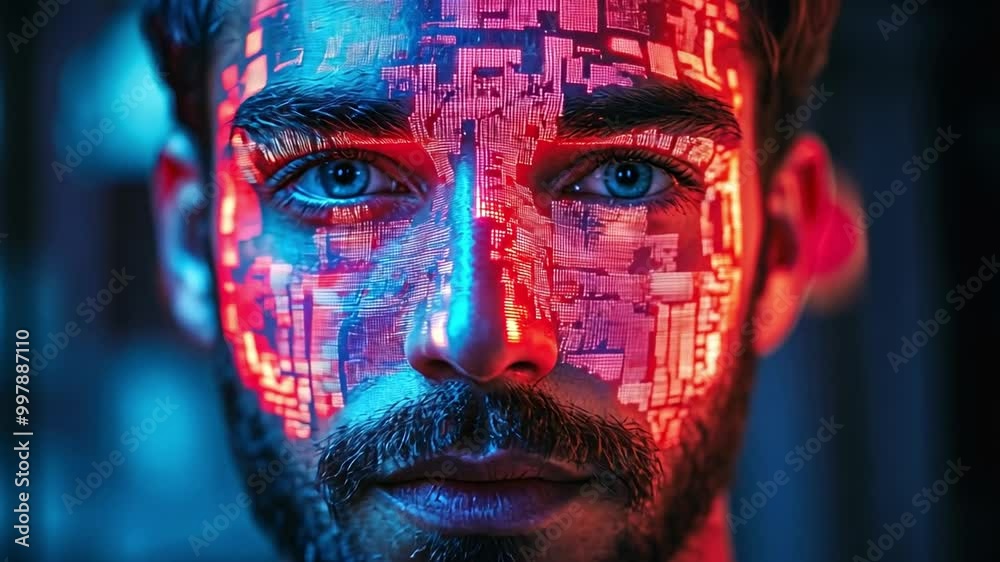 Poster the striking visual showcases a man with intricate digital patterns projected onto his face, surroun