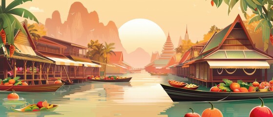 Fototapeta premium A painting of a river with boats and houses on the shore