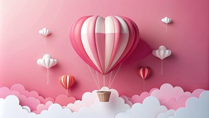 Eye level sky balloon heart shape pink red white floating paper cut style