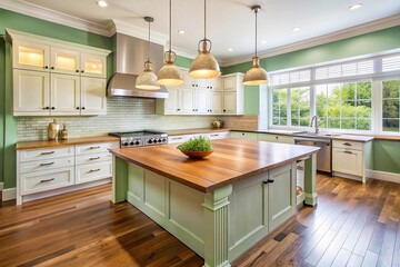 Fototapeta premium Eye level spacious kitchen with light green and sky blue walls, large wooden island, and pendant lighting
