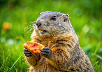 Adorable groundhog indulging in a delicious slice of pizza, captivating camera with its munching moment