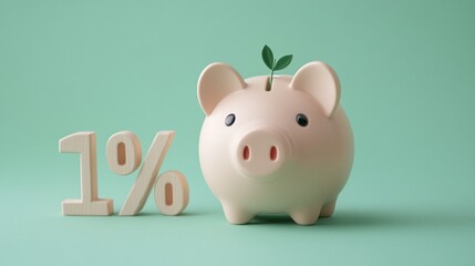 Obraz premium Minimalist Piggy Bank with Growing Leaf and 1% Symbol on Green Background – Concept of Financial Growth and Savings Strategy