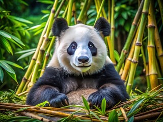 Obraz premium Adorable panda resting among bamboo in a serene Japanese garden setting, perfect for wildlife lovers