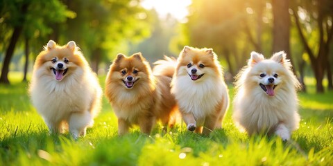 Adorable Pomeranian Dogs Playing Together in a Lush Green Park Under Bright Sunny Skies - Powered by Adobe