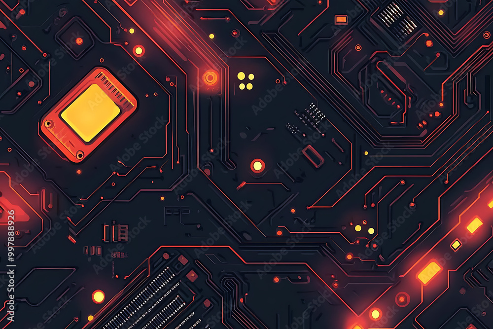 Poster abstract circuit board design with glowing elements, emphasizing technology and innovation.