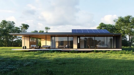 Obraz premium Modern House with Solar Panels in a Meadow