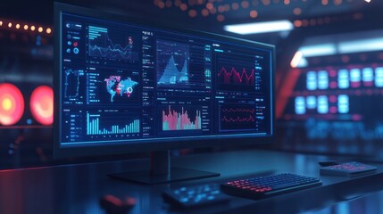 The digital realm with a real photo capturing a computer monitor displaying an abstract network monitoring dashboard. alive with real-time data analytics dynamic graphs and system health indicators.