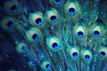 Obraz premium Feathered peacock tail texture, vibrant blues and greens with shimmering detail