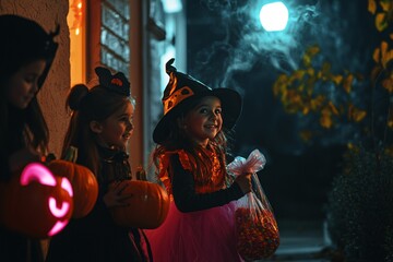 Naklejka premium Children in eerie outfits gleefully clutch their treat bags, reveling in the festive spirit of Halloween night.