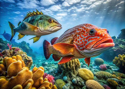 Beautiful Jewfish Grouper Swimming in Clear Tropical Waters of a Vibrant Coral Reef Ecosystem