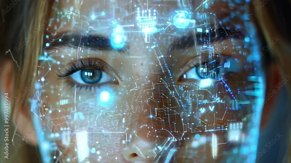 Aufkleber The young woman’s face is illuminated by glowing digital patterns, showcasing a perfect blend of human expression and technology in a modern environment.