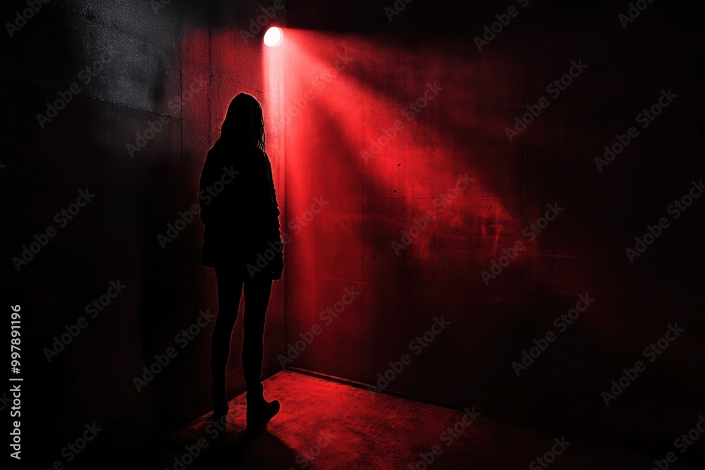 Poster In a dimly lit room, a lone figure is cast in red light, creating an atmosphere thick with tension and unease. Generative AI