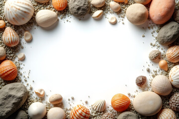 Obraz premium Seashells and stones surrounding a sandy area on a white background with copy space for text