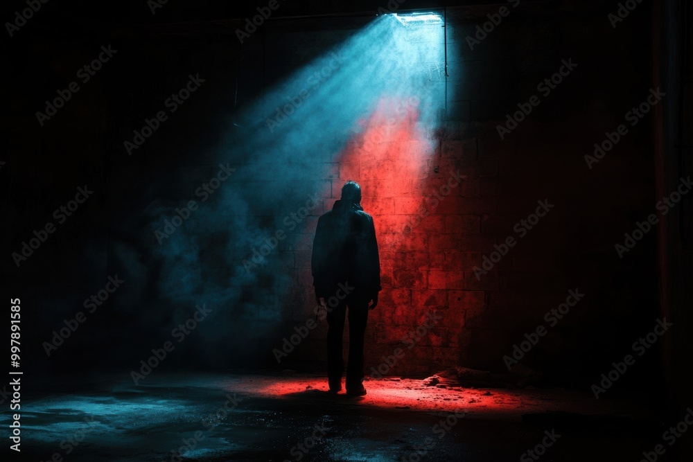 Poster in a darkened room, a figure is highlighted by a solitary spotlight, surrounded by deep shadows and 