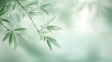 artistic landscape with green bamboo leaves in the upper left corner and light green in the background 