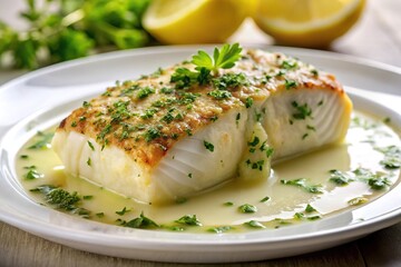 Eye level view of delicious halibut fillet topped with parmesan cheese
