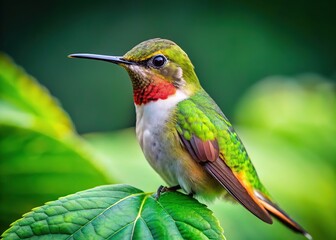 Fototapeta premium Captivating Juvenile Male Ruby-Throated Hummingbird Perched on a Vibrant Green Leaf in Nature